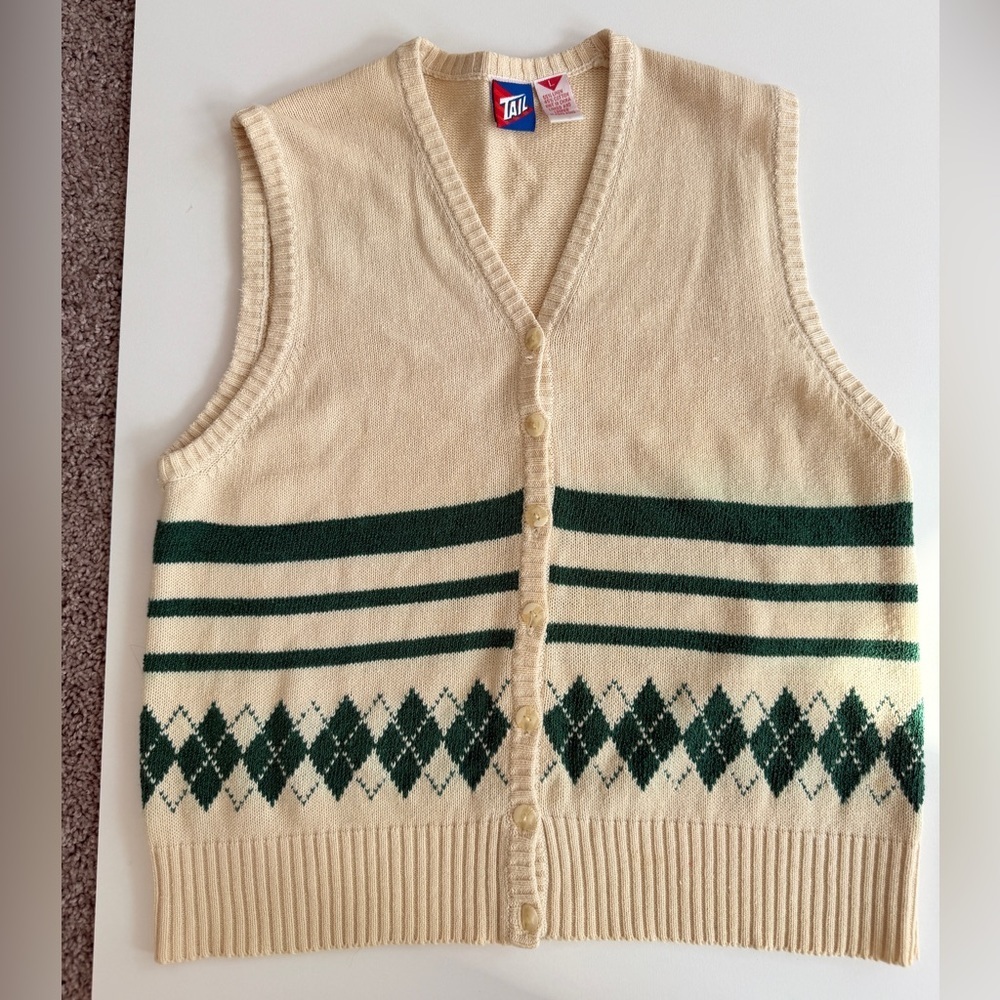 VTG 80’s Tail Sweater Vest Knit Argyle Cream/Green‎ Sz L Cottage Grandpa Core - Picture 9 of 11